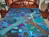 ZARDOZI EMBROIDERED BEADS SARI TAPESTRY BEDSPREAD COVERLET THROW WALL HANGING