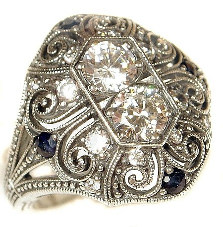 Sterling Silver Art Deco Filigree Cubic Zirconia & Sapphire Ring