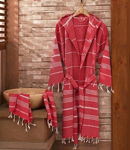Set of 2 ,Bathrobe and Peskir Hooded Turkish Bathrobe - Comfortable 100% Cotton Turkish Bath Towel Fabric - Bright, Vibrant Colors - Super Absorbent &amp; Fast Drying , Unisex (Red) (L/XL)