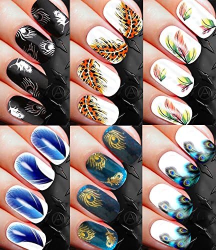 FEATHER NAIL DECALS SET 120 DECALS D99 Nail Art Transfer Decal Wrap for False Acrylic Gel or Natural Nails PEACOCK EYE FEATHER GOLD AND SILVER NAIL DECALS COLOURFUL FEATHERS