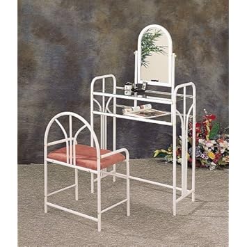 White Finish Metal Art Deco Vanity Set w/Glass Shelves Mirroor & Stool/Bench