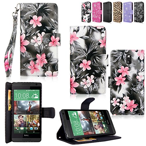 HTC Desire 610 Case - Cellularvilla Pu Leather Wallet Card Flip Open Pocket Case Cover Pouch for HTC Desire 610 (Black Pink Flower)