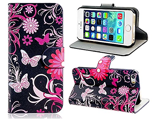 iphone 5C Case, Butterfly Flip Wallet Credit ID Card Slot Holder Phone Case With Stand --Retail Package W Screen Protector -- Black
