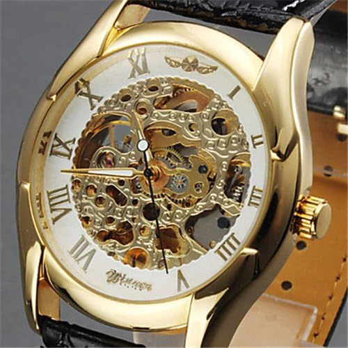 WINNER Men`s Gold Skeleton Dial Self-Wind Leather Strap Mechanical Watch