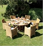 Round Teak Outdoor Drop-Leaf Dining Table with 6 Maintenance Free Rattan Sussex Armchairs with Cushions