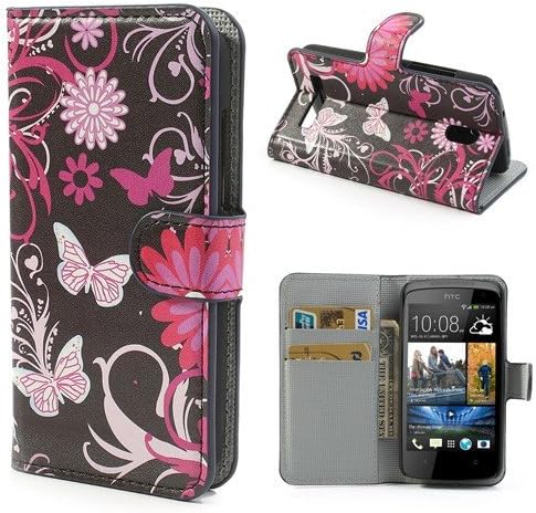 JUJEO Butterfly and Flower Wallet Leather Cover Stand for HTC Desire 500 506E - Retail Packaging - Multi Color