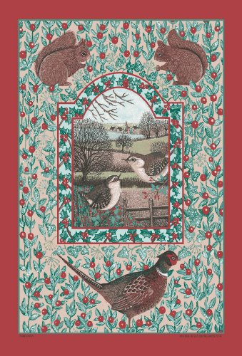 000WIN Winter Season Linen Tea Towel Eichhörnchen Fasan / Geschirrtuch / Handtuch...