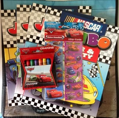 Gift Set 4 Nascar Jumbo Coloring Activity Books, Disney Pixar Cars Medium Tote Bag, 8pc Crayons 1 Pk Stickers 7pc Bundle