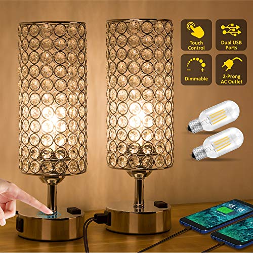 Zeefo Touch Control Crystal Table Lamp Modern Elegant Decor Nightstand Lamps Built In Dual 5v 2 1