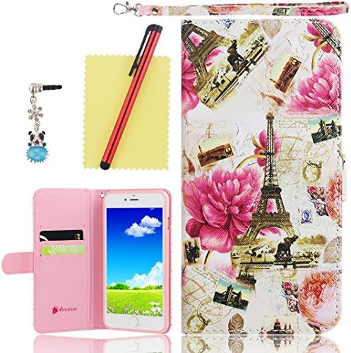 Ancerson® Colorful Printed Magnet Buckle Built-in Credit/ ID Card Slot Pocket PU Leather Hand Wrist Strip Flip Folio Stand Protective Case Cover for Apple iPhone 6 (4.7") Free with a Red Stylus Touchscreen Pen, a 3.5mm Universal Crystal Diamond Rhinestones Bling Lovely Blue Panda Silvery Flower Pendant Dust Plug and a Cleaning Cloth - Retail Package (Golden Romantic Eiffel Tower Hot Pink Penoy Pink Rose Flower Stamp Postmark London Bridge Big Ben)