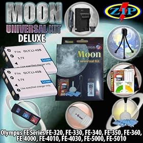 The Moon Universal Kit for Olympus TG-320, FE-3000, FE-3010, FE-4000, FE-4010, FE-4030, FE-5000, FE-5010, FE-5020, FE-5500, XP30 Includes: 2 Li-40B/42B 1000mAh Ultra High Capacity Batteries made with cells produced in JAPAN or USA, Table-Top Wire Tripod, 110/240 Mini Charger with fold out plug and a