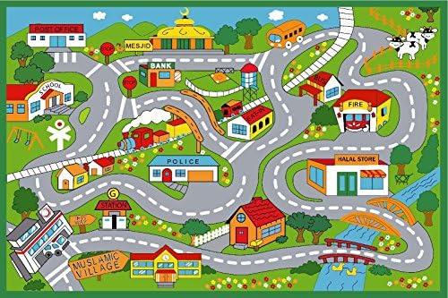 Kids VILLAGE Play Rug (4x6); Machine Washable, Latex Free (Car Set included!) Green Color