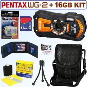 Pentax Optio WG-2 Adventure Series 16 MP Waterproof Digital Camera with GPS (Orange) + 16GB Accessory Kit