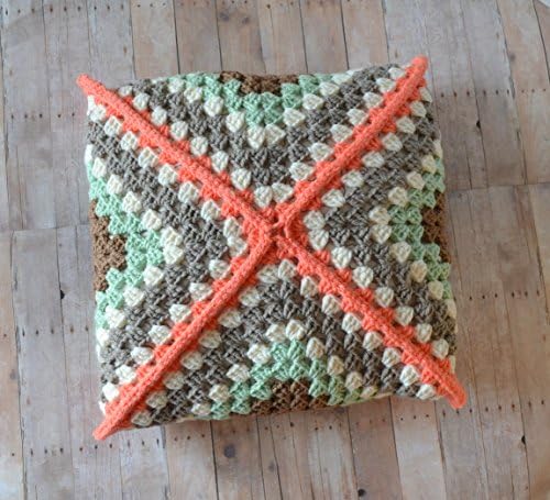 Granny Square Throw Pillow, Mango Mint and Gray, Modern Crochet Cushion, 14" Square Pillow