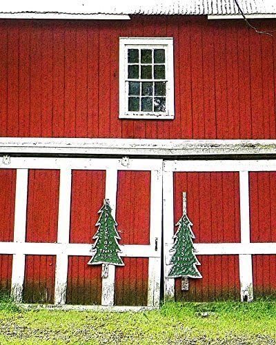 Christmas Trees $25. A fine art photograph of a red and white barn with green Christmas Tree signs advertising trees for $25. A rustic Christmas sentiment.