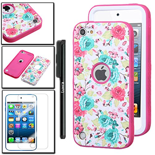 iPod Touch 6th Gen Case, iPod Touch 5th Gen Case, Luxca (Tm) iPod Touch (5th Generation) (6th Generation) Dual Layer Verge Hybrid Soft Silicone Cover Hard Plastic Case + Clear LCD Screen Protector + Stylus Pen (Rainbow Rose Garden / Pink Verge)