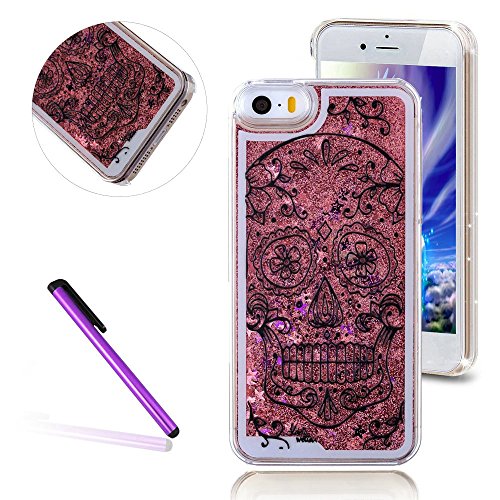 iPhone 5S Case, iPhone 5 Case, EMAXELER 3D Brilliant Luxury Bling Glitter Liquid Floating Angle Girl Moving Hard Protective Case for Apple iPhone 5/5S + Stylus Pen(Skull: Pink)