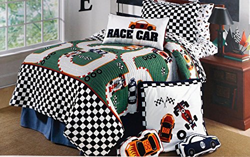 Authentic Kids Boys Twin Quilt Race Car Pattern Gray Track Green Field Checkered Flags