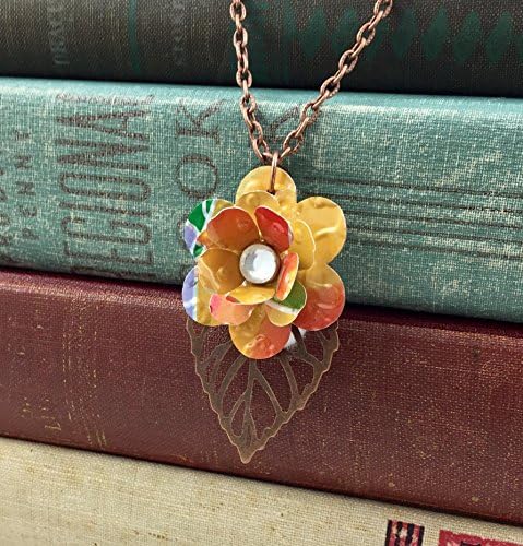 Mini Rose and Copper Leaf Necklace. Recycled Soda Can Art. Embossed. Mango Orange