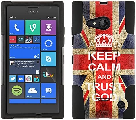 Microsoft Lumia 735 Hybrid Case KEEP CALM and Trust God on British Flag 2 Piece Style Silicone Case Cover with Stand for Nokia Lumia 735