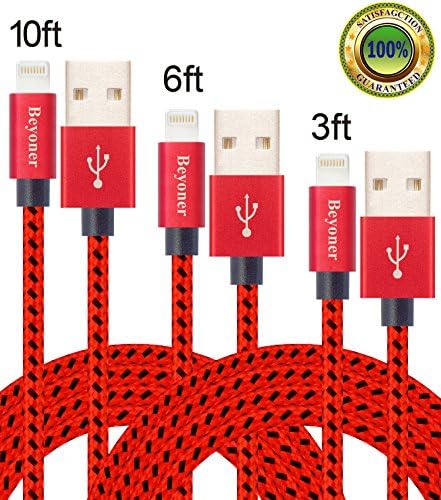 Beyoner 3Pack 3FT 6FT 10FT Durable Nylon Braided Lightning to USB Cable with 8Pin Aluminum Connector Charging Apple iPhone SE/6/6 Plus/6s/6s Plus/5/5c/5s, iPad Mini/Air(red &amp; black)