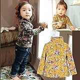(韓国スタイル子供服) 秋女の子Tシャツ　キッズトップス　可愛い花柄長袖Tシャツ暖かい立って襟デザイン全２色100 110 120 130 140 YELLOW,140
