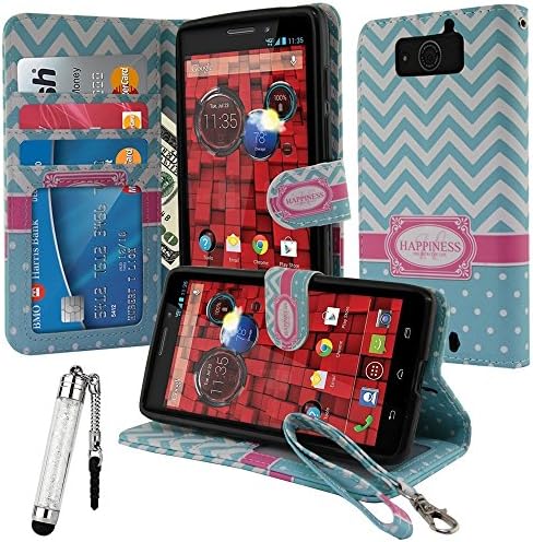 Tadnil Bundle Motorola Droid MAXX XT1080M Ultra XT1080 Leather Wallet Pouch, Teal Mint White Happiness Monogram - Built in Card With TPU Protector Cover Case Kickstand + Crystal Stylus
