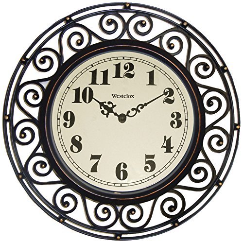 Westclox 32021 round filigree rubbed clock, 12-inch, bronze