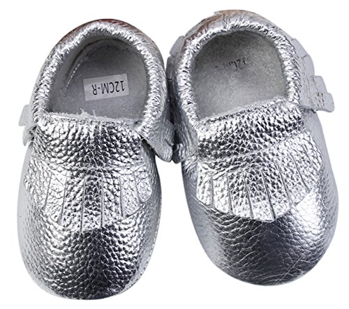 Unique Baby 100% Genuine Leather Baby Moccasins Anti-Slip Shoes S (5.1 inches) Silver