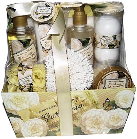 Opaline Luxury Gardinia Bath Spa Gift Set - Shower Gel, Body Lotion, Bubble Bath, Bath Salts, Soap Flowers, Bath Fizzers, Towel and Bath Puff in a Card Box Basket