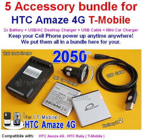 5 Accessory Bundles for T-Mobile HTC Ruby,HTC Amaze 4G 2X 2050mAh AceSoft Battery Travel Dock Wall Desktop AC/USB Charger Mini USB Car Charger Micro USB Data Sync Charging Cable