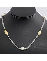 Sterling Silver Freshwater Pearl Mesh Necklace - Two-tone - Length: 30-32 Inches (adjustable)