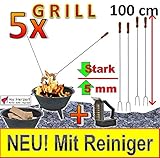 5 x GRILLSPIESS !!! MIT REINIGER-BÜRSTE !!! RIESEN-LANGE 100 cm Grillspieße Würstchenspiesse Gemüse grillen (Achtung kein Teleskop, sondern feste (stabile) Form aus gedrehtem Stahl) ideal für Camping, Freizeit, Lagerfeuer, Grillfest, Gartenparty, Geburtstag, Outdoor,Feuerschale, Feuerkörbe, Picknickgrill, Picknick-Grills, Gartenöfen, Grillkamin, Gartenkamine und Raclette auch für Picknick-Sets statt Grillzange, Grillbesteck und Grillwender usw.