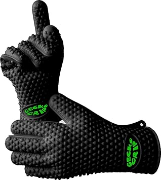 The Best Silicone Heat Resistant Grilling BBQ Glove Set - Perfect for Use in the Kitchen Handling All High Temperature Foods - Use As Potholder and Protective Oven Grill Baking Smoking and Cooking Gloves - Use 10 Fingers Making it Easier to Handle Hot Food Than Mitts Great for Indoors and Outside The Original Gecko Grip Gloves Ninja Gecko Black Extra Large