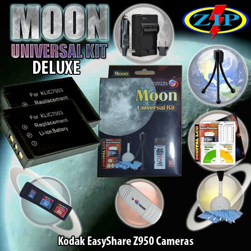 The Moon Universal Kit for KODAK Easyshare Z950. Includes: 2 Kodak Klic-7003 1200mAh Ultra High Capacity Batteries made with cells produced in JAPAN or USA, Table-Top Wire Tripod, 110/240 Mini Charger with fold out plug and a DC car adapter, SD/SDHC Card Reader, LCD Protection Film Kit and more. (NON OEM)
