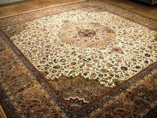 13'1 x 13'3 Beige Persian Hand Knotted Wool Tabriz 