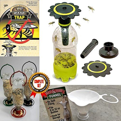 Non-Toxic Wasp Trap Set Works for Hornets And Yellow Jackets. Includes 3-Pack Bird Feeder Set and Screw-On Funnel For Nectar or Seed.