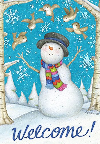 Joyous Welcome Winter Garden Flag Primitive Snowman Birds 12.5″ x 18″