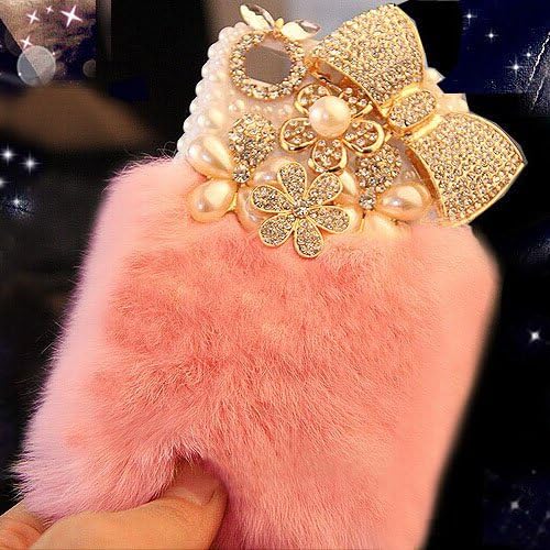BlingBlingBling Warm Luxury Rex Rabbit Fur Plastic iPhone Cases Cover For iPhone 6 6G 4.7 inchs 4.7" Pearl & Diamond Flower Pink