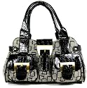 Womens Black Croc Grey Canvas Designer Shoulder Handbag