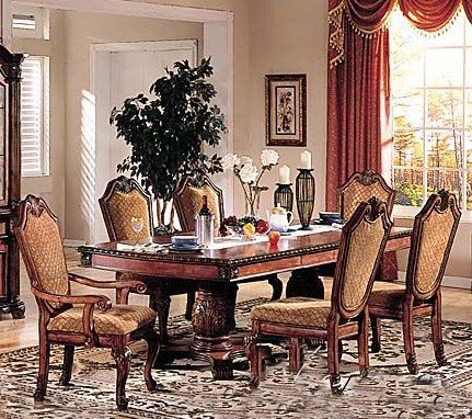 7pc Formal Dining Table & Chairs Set Cherry & Brown Finish
