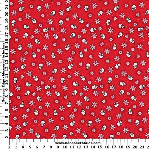Christmas Snowman on Red Cotton Fabric - Sold By the Yard