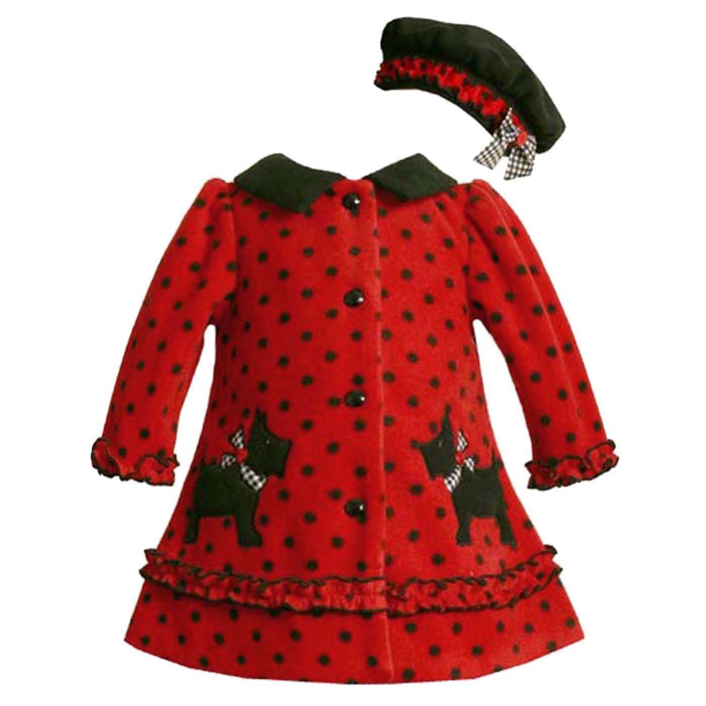 Bonnie Jean Baby/Infant 12M-24M 2-Piece RED BLACK POLKA DOT SCOTTIE PUPPY DOG Fleece Dress-Coat/Jacket and Hat Set