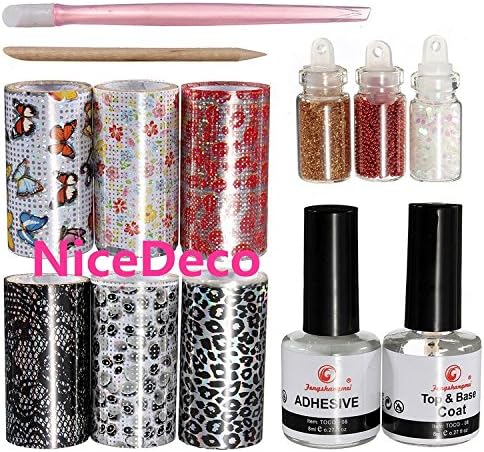 Nicedeco Nail Art Tips Design Transfer Foils Kit Adhesive Top Base Coat Creative DIY Set Reminder 3 X Bottles in 3 Different Colors Random Color &amp; Shapes 6 X Foil Designs (Random Patterns)&amp; with a Free Gift Nail Stickers.