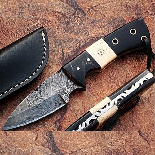 Custom Made True Damascus Hunting Knife - Black Horn Handle w/Sheath (Limited Edition)