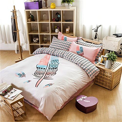 Bedream 4 Pieces Duvet Cover Bedding Set Stylish Half Pattern Printing Soft Staple 100% Cotton Full Queen Size - Luxurious, Comfortable, Breathable, Extremely Durable (Queen, Pink - Feather)