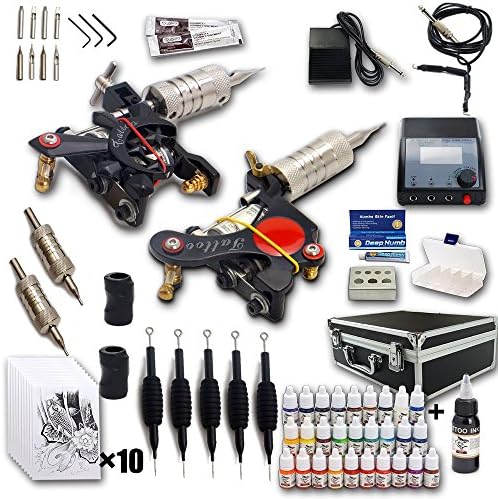 Professional Artist Tattoo Kit 2 Machines 10 Coils 9x30ml Inks LCD Dual Output Power Supply Carrying Case