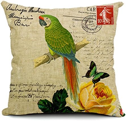 Parrot Design Vintage Porcelain Soft Cotton Linen Throw Pillow Case Decorative Cushion Cover Square 18x18 Inch 45x45cm-171