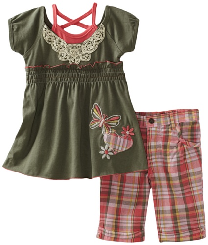 Young Hearts Girls 2-6x Lace Trim and Embroidered Top with Plaid Bermuda Set, Olive, 4T