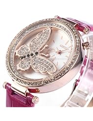 Best Womans Watch Rose Gold Case Crystal Butterfly PURPLE Leather Strap Quartz Lady Women Watch